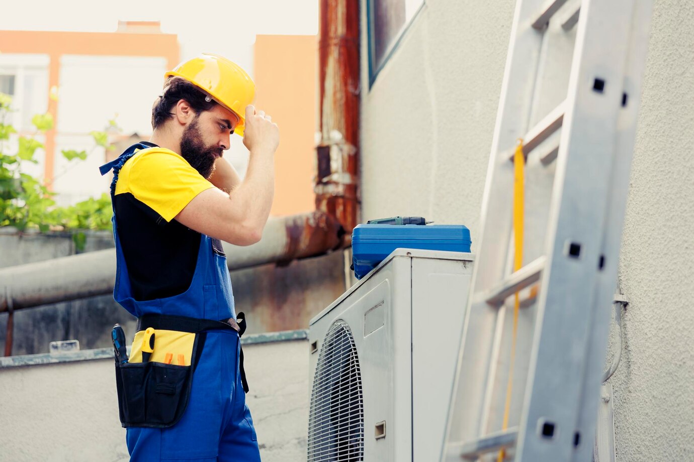 Técnico de Noé A. realizando mantenimiento de una unidad exterior de aire acondicionado